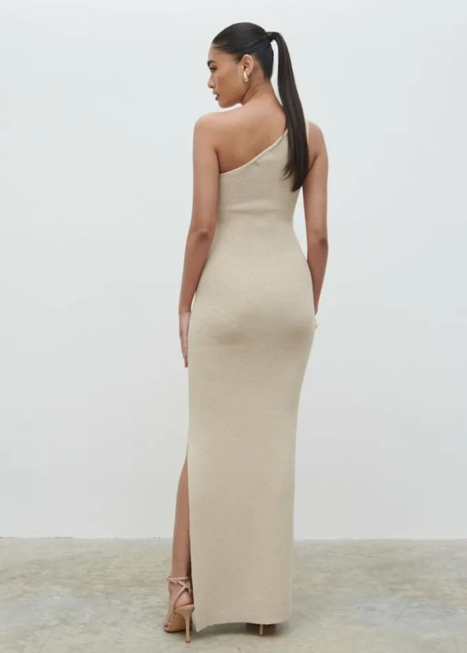 Pretty Lavish Dresses Juno One Shoulder Knit Maxi Dress Beige 8211 Women