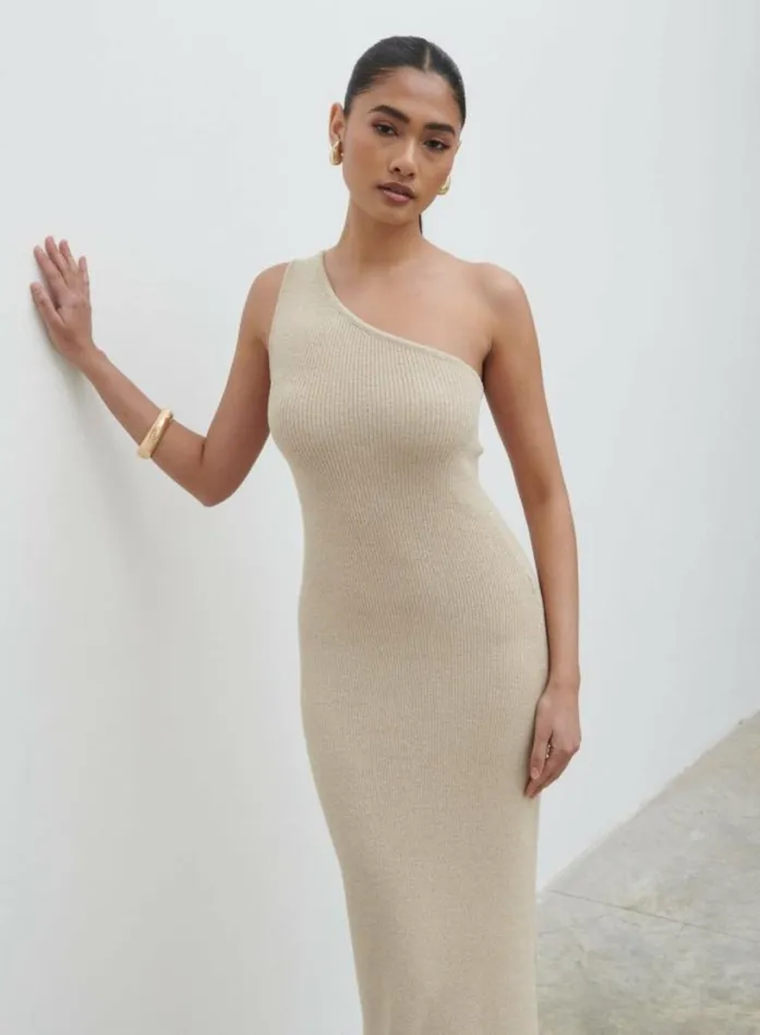 Pretty Lavish Dresses Juno One Shoulder Knit Maxi Dress Beige 8211 Women