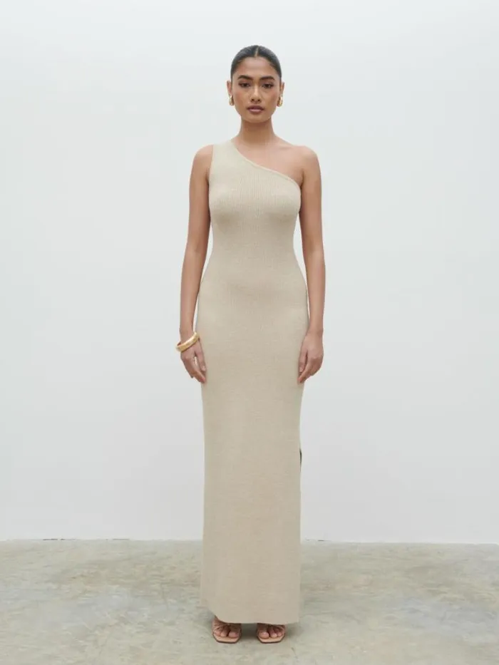 Pretty Lavish Dresses Juno One Shoulder Knit Maxi Dress Beige 8211 Women