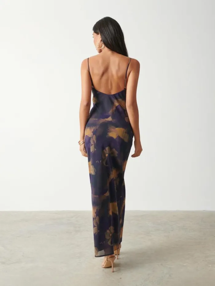Pretty Lavish Dresses Keisha Printed Chiffon Maxi Dress Dark Amethyst andamp Saffron Floral 8211 Women