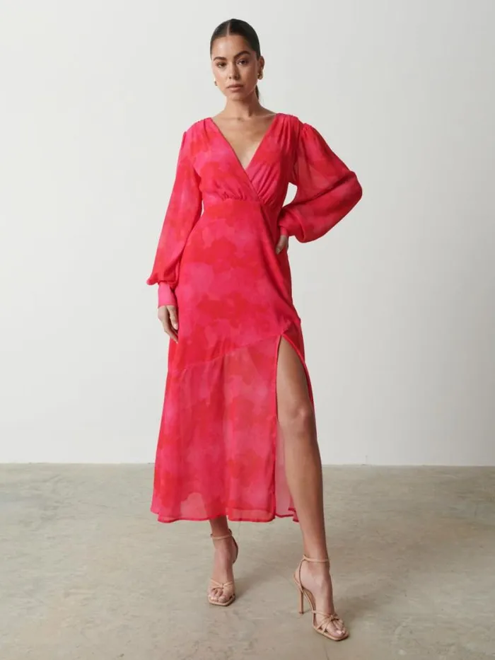 Pretty Lavish Dresses Lilianna Backless Balloon Sleeve Printed Dress Pink And Red Watercolour 8211 Women