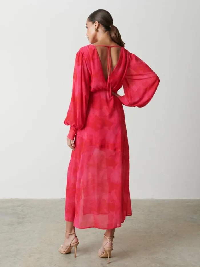 Pretty Lavish Dresses Lilianna Backless Balloon Sleeve Printed Dress Pink And Red Watercolour 8211 Women