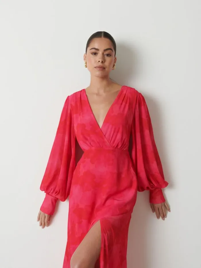 Pretty Lavish Dresses Lilianna Backless Balloon Sleeve Printed Dress Pink And Red Watercolour 8211 Women