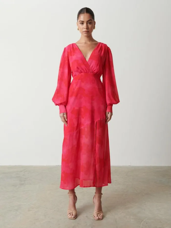 Pretty Lavish Dresses Lilianna Backless Balloon Sleeve Printed Dress Pink And Red Watercolour 8211 Women