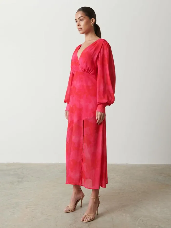 Pretty Lavish Dresses Lilianna Backless Balloon Sleeve Printed Dress Pink And Red Watercolour 8211 Women