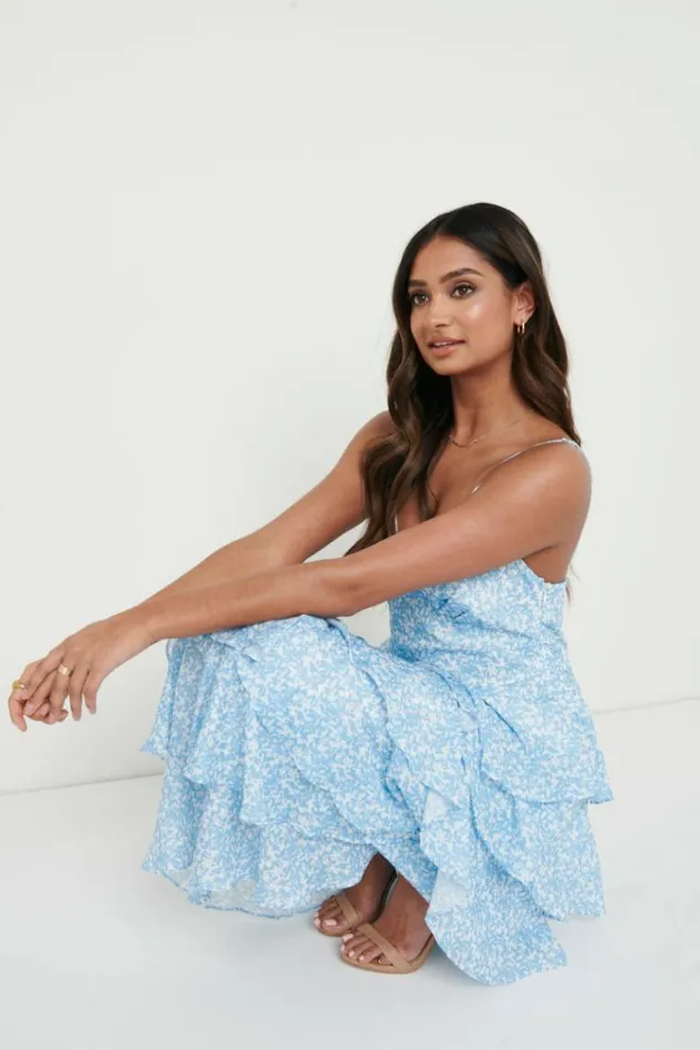 Pretty Lavish Dresses Lissy Ruffle Midaxi Dress Blue Abstract Print 8211 Women