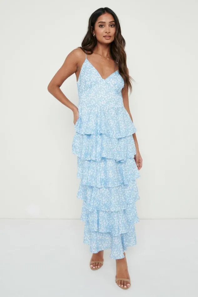 Pretty Lavish Dresses Lissy Ruffle Midaxi Dress Blue Abstract Print 8211 Women