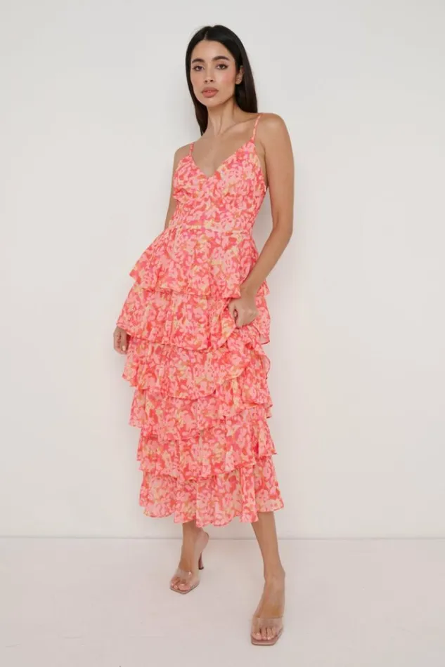 Pretty Lavish Dresses Lissy Ruffle Midaxi Dress Pink And Orange Floral 8211 Women