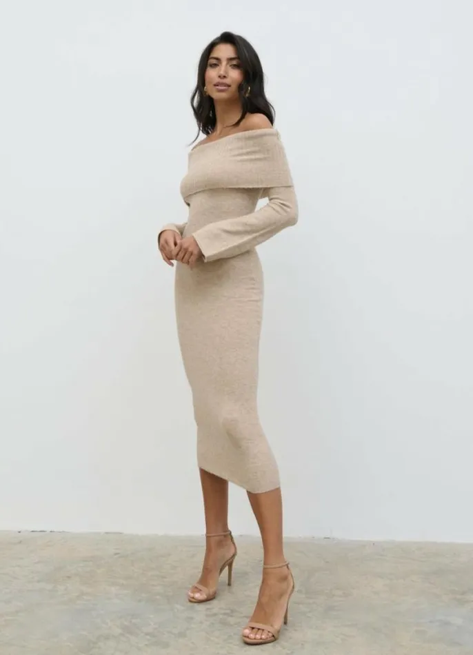 Pretty Lavish Dresses Soreya Bardot Soft Knit Dress Beige 8211 Women