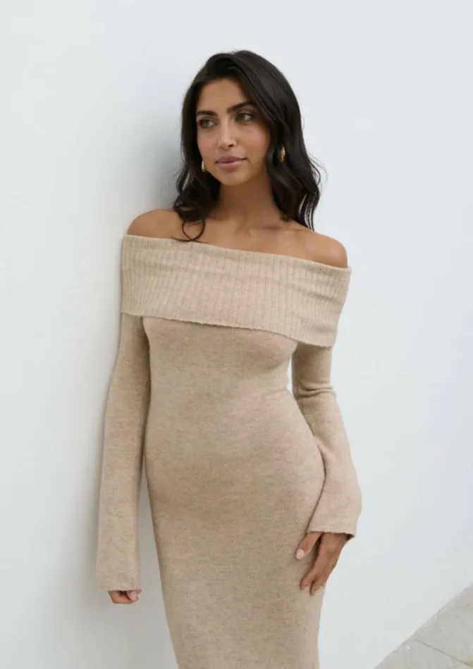 Pretty Lavish Dresses Soreya Bardot Soft Knit Dress Beige 8211 Women