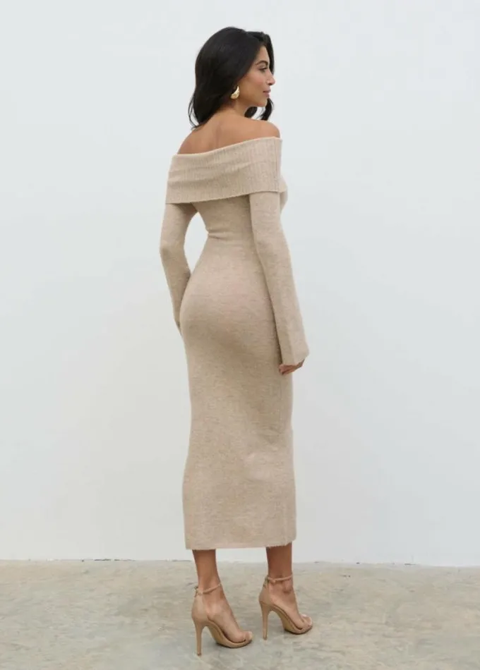 Pretty Lavish Dresses Soreya Bardot Soft Knit Dress Beige 8211 Women