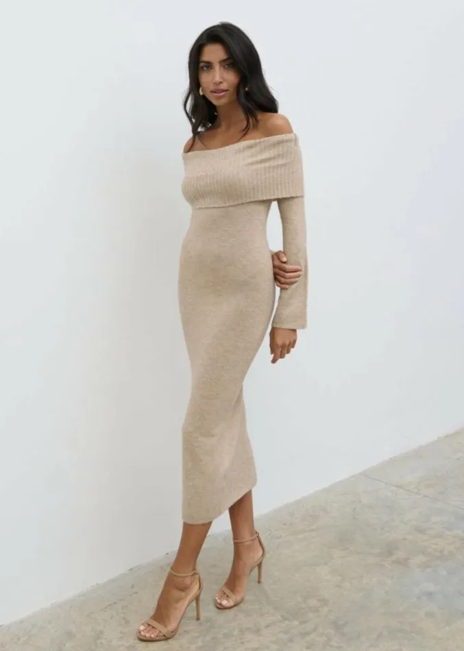 Pretty Lavish Dresses Soreya Bardot Soft Knit Dress Beige 8211 Women
