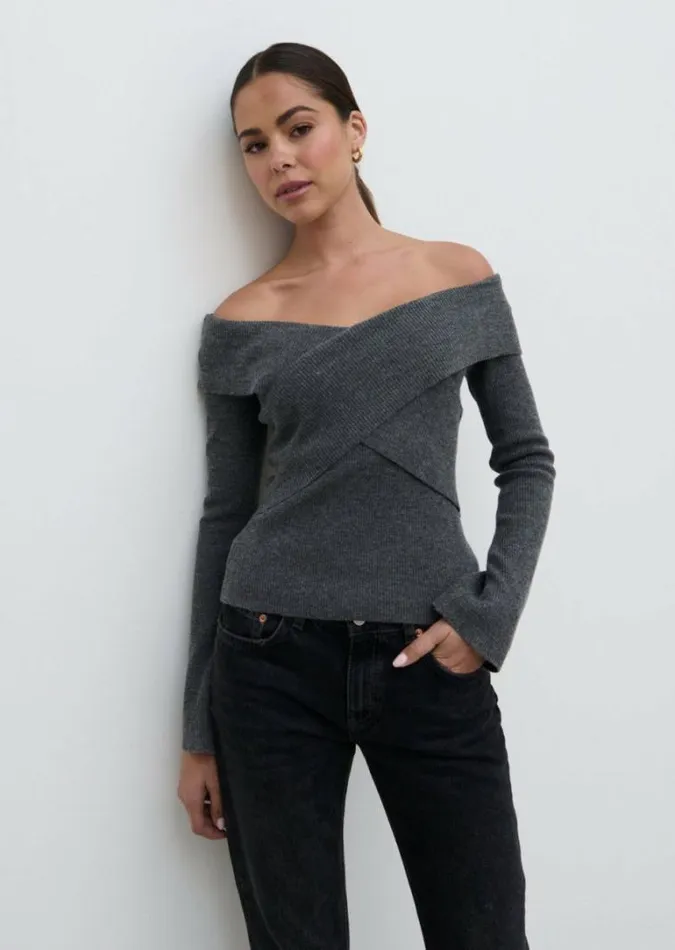 Pretty Lavish Everyday Staples Daphne Cross Over Knit Top Grey 8211 Women
