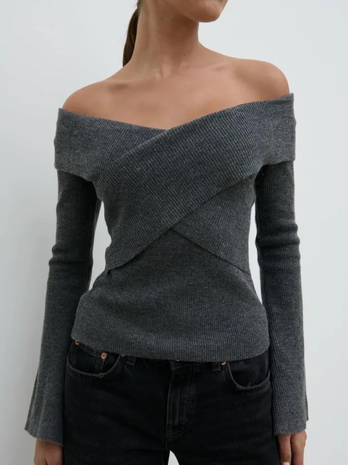 Pretty Lavish Everyday Staples Daphne Cross Over Knit Top Grey 8211 Women