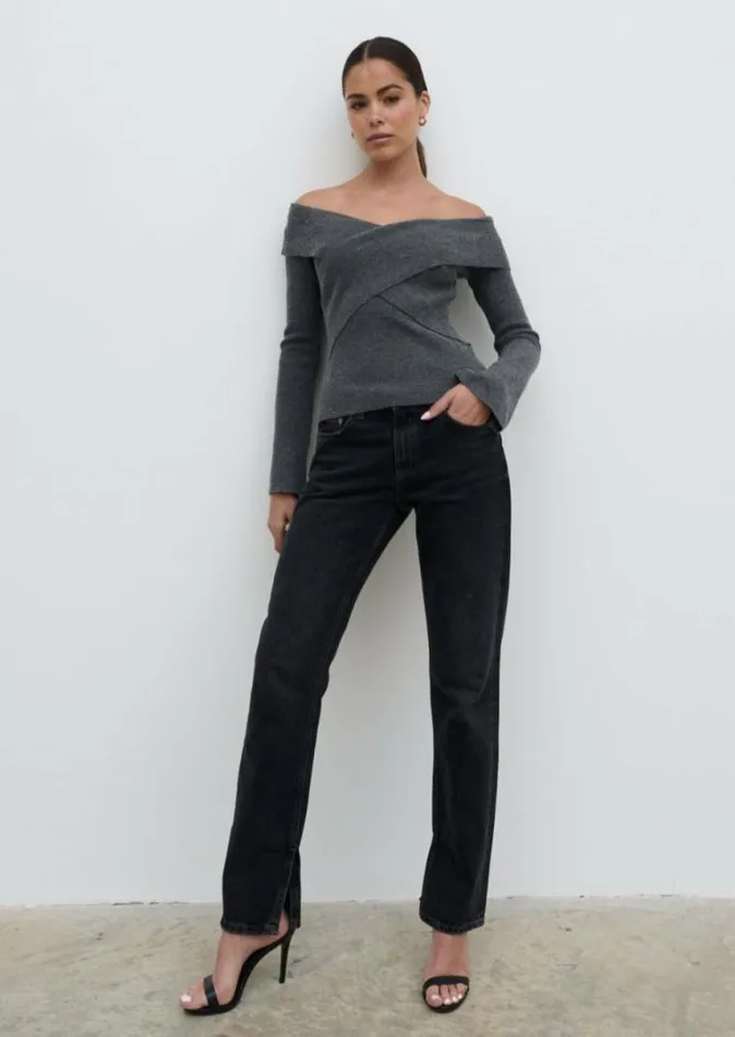 Pretty Lavish Everyday Staples Daphne Cross Over Knit Top Grey 8211 Women