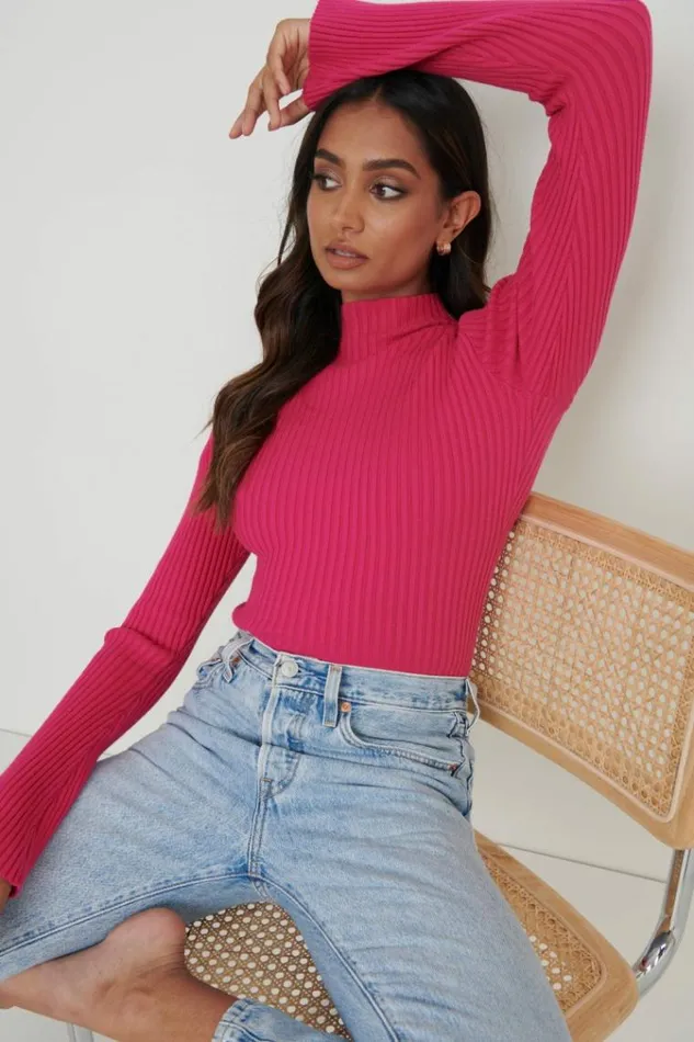 Pretty Lavish Knitwear Abbey Ribbed Grown Neck Top Pink 8211 Women
