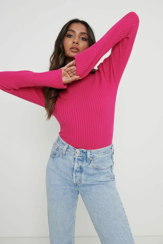 Pretty Lavish Knitwear Abbey Ribbed Grown Neck Top Pink 8211 Women