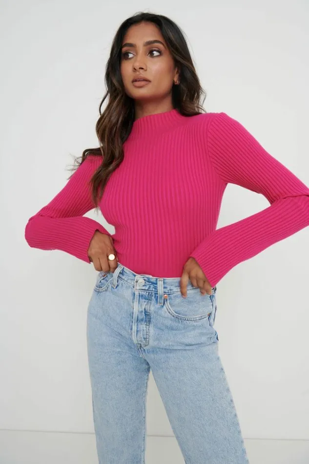 Pretty Lavish Knitwear Abbey Ribbed Grown Neck Top Pink 8211 Women