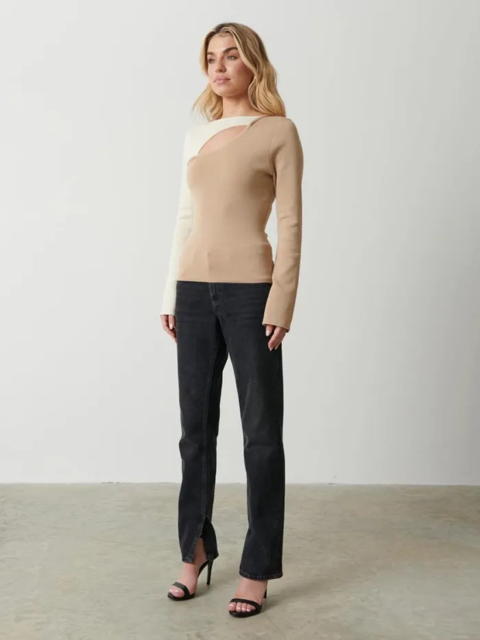 Pretty Lavish Knitwear Brogan Contrast Knit Top Beige And Cream 8211 Women