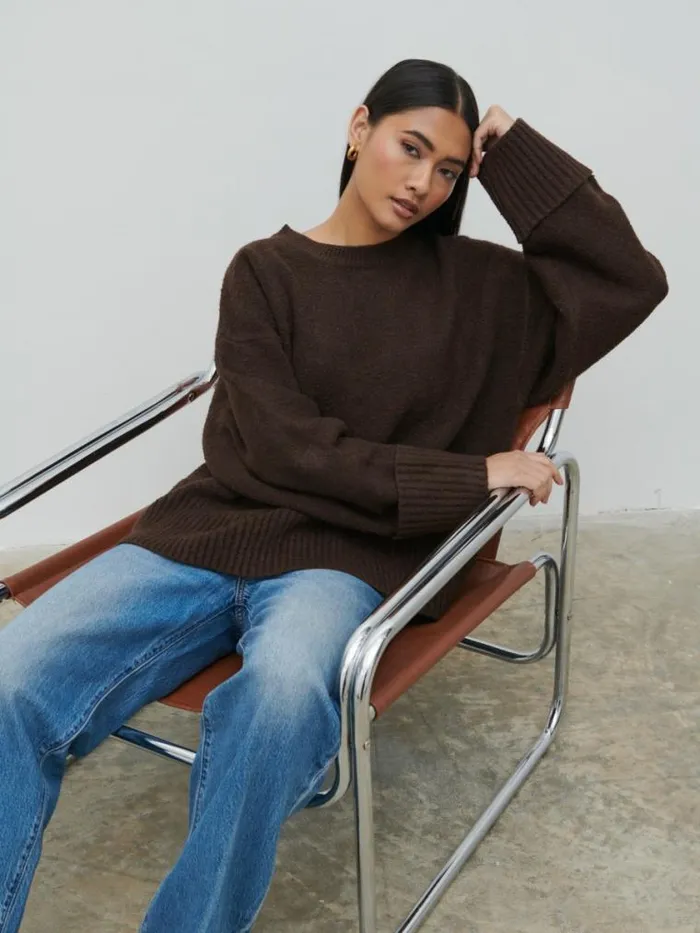 Pretty Lavish Knitwear Camille Oversized Borg Jumper Brown 8211 Women