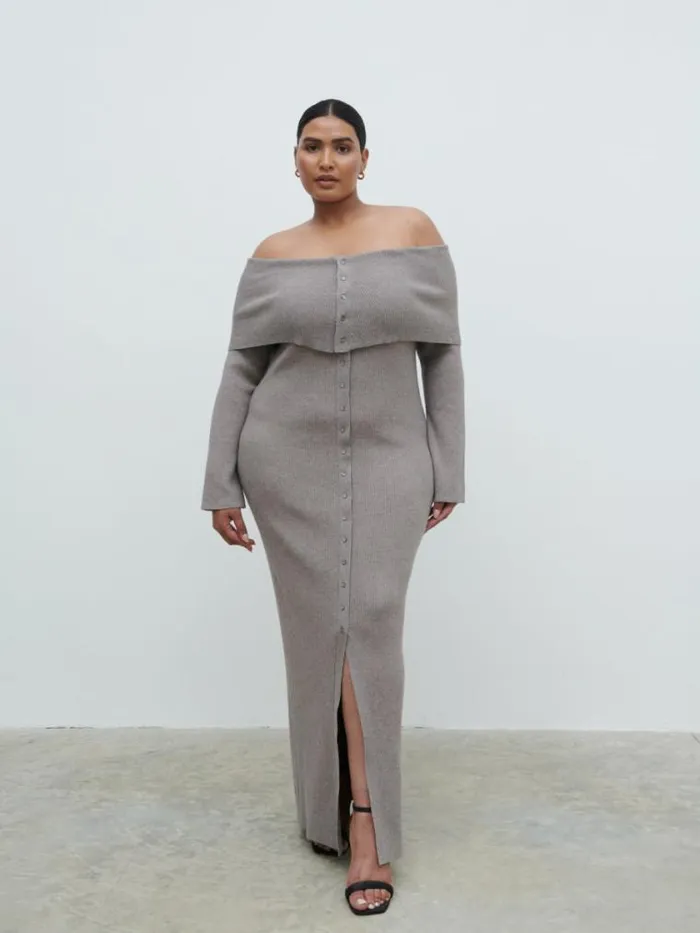 Pretty Lavish Knitwear Elora Bardot Knit Maxi Dress Curve Brown 8211 Women