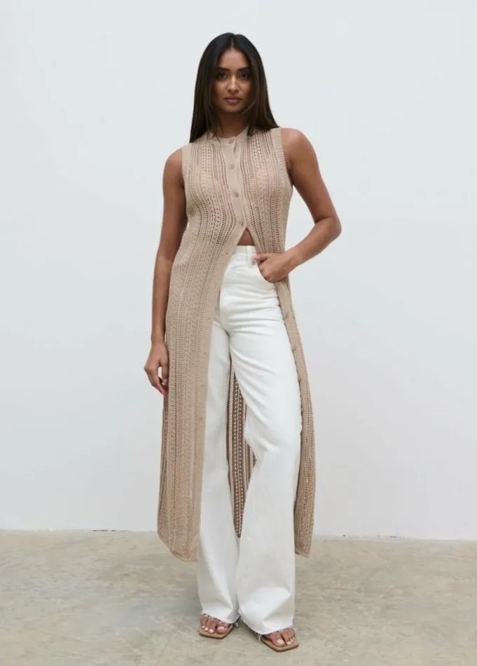 Pretty Lavish Knitwear Helen Longline Open Knit Cardigan Beige 8211 Women