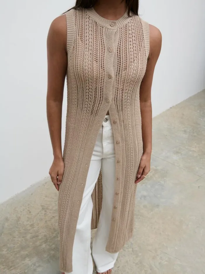 Pretty Lavish Knitwear Helen Longline Open Knit Cardigan Beige 8211 Women