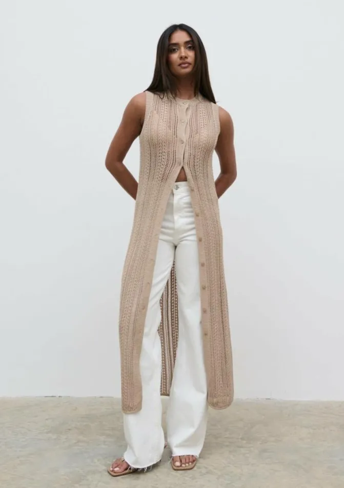 Pretty Lavish Knitwear Helen Longline Open Knit Cardigan Beige 8211 Women
