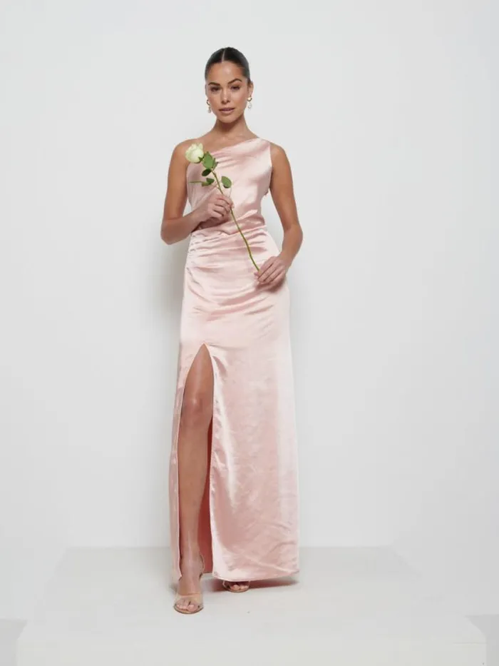Pretty Lavish Satin Bridesmaid Dresses Amelia Ruched Maxi Bridesmaid Dress Matte True Blush 8211 Women