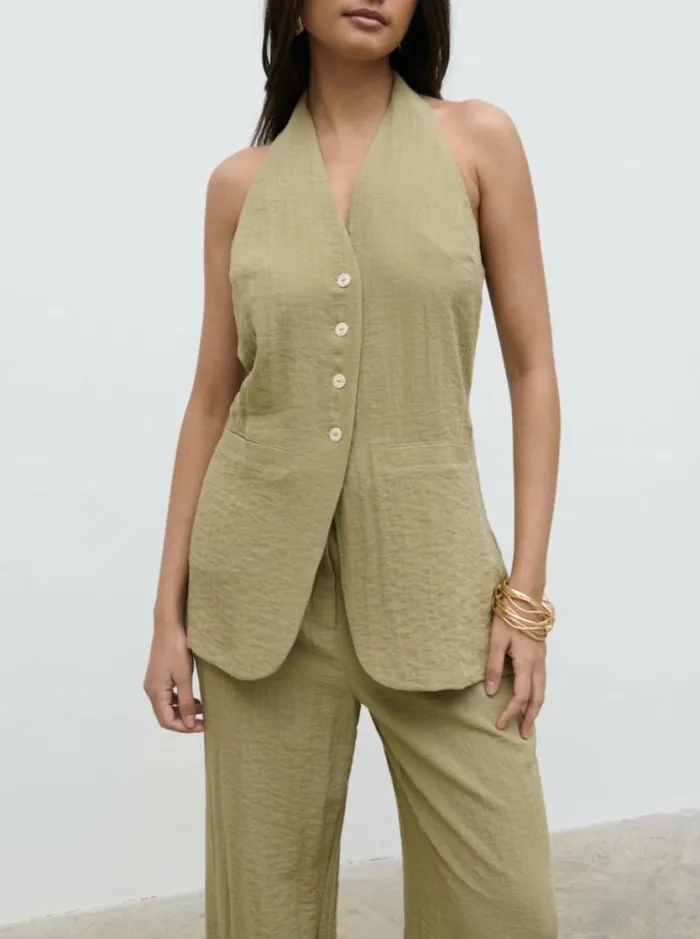 Pretty Lavish Tops Remy Halterneck Waistcoat Olive 8211 Women