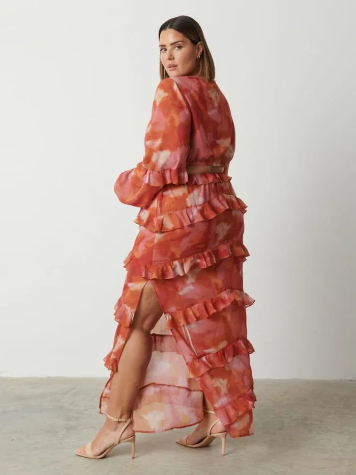 Pretty Lavish Wedding Guest Evie Ruffle Maxi Dress Curve Abstract Watercolour 8211 Women