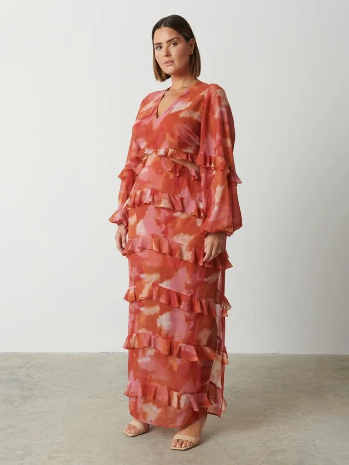 Pretty Lavish Wedding Guest Evie Ruffle Maxi Dress Curve Abstract Watercolour 8211 Women