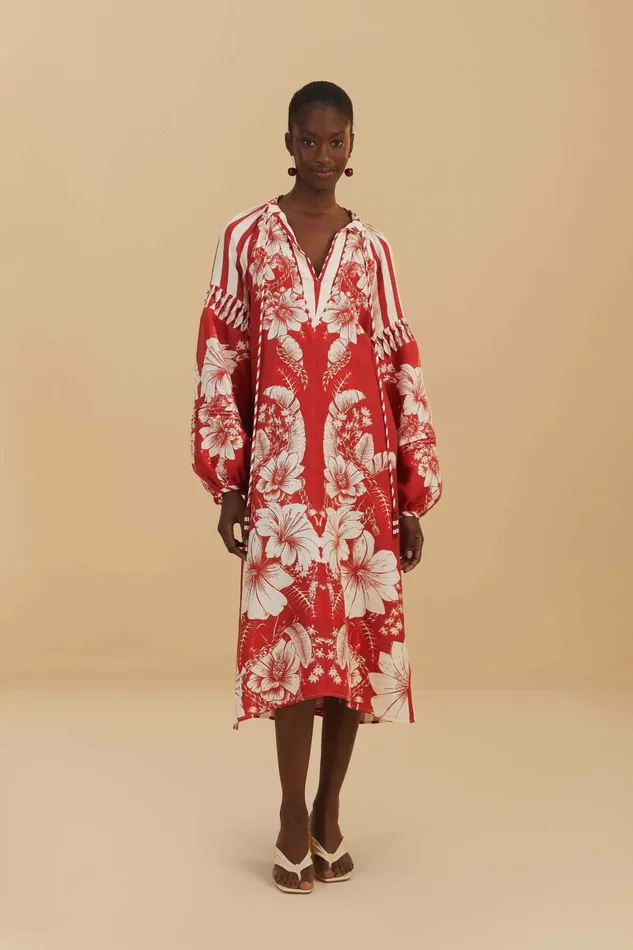 Red Floral Chains Stripes Midi Dress Women FARM Rio Midi Dresses
