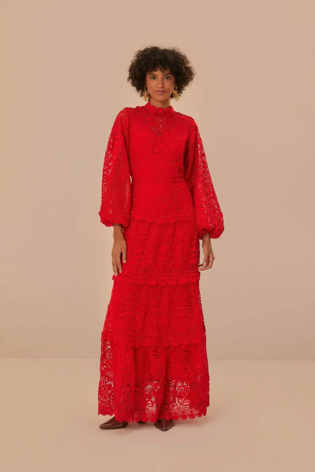 Red Guipire Long Sleeve Maxi Dress Women FARM Rio Maxi Dresses