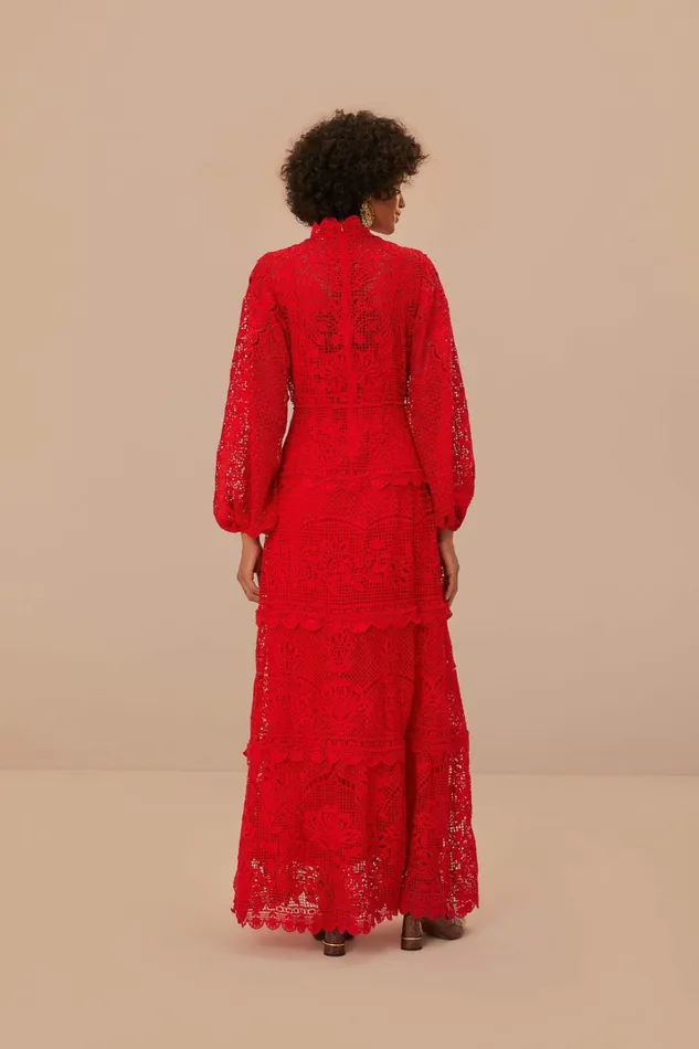 Red Guipire Long Sleeve Maxi Dress Women FARM Rio Maxi Dresses Red Guipire Long Sleeve Maxi Dress Women FARM Rio Maxi Dresses