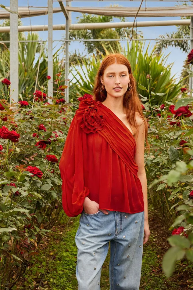Red Rose Puff Sleeve OneShoulder Blouse Women FARM Rio Blouses