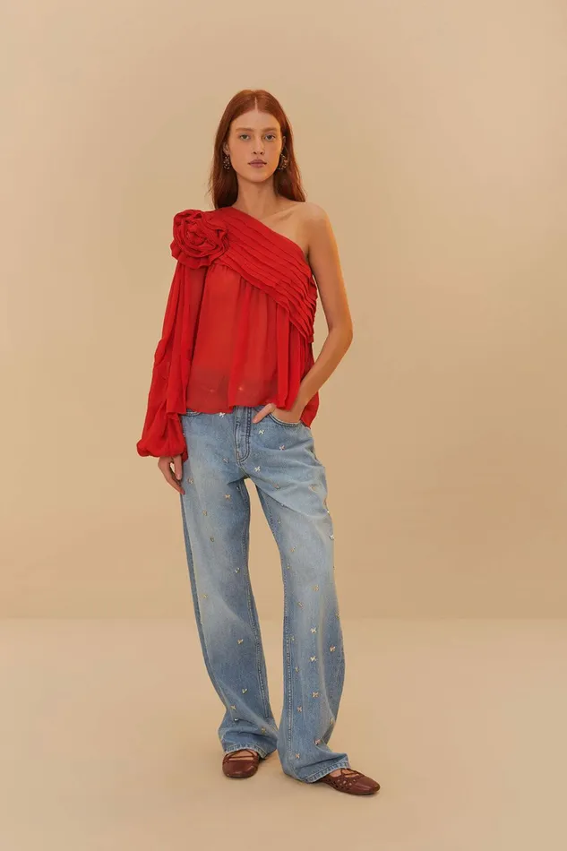 Red Rose Puff Sleeve OneShoulder Blouse Women FARM Rio Blouses Red Rose Puff Sleeve OneShoulder Blouse Women FARM Rio Blouses