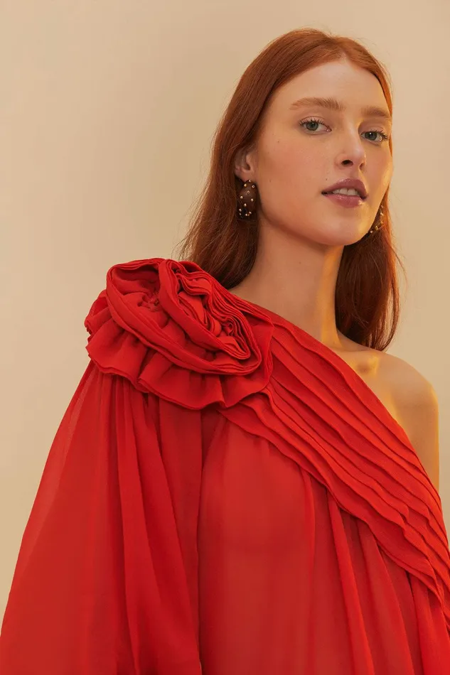 Red Rose Puff Sleeve OneShoulder Blouse Women FARM Rio Blouses Red Rose Puff Sleeve OneShoulder Blouse Women FARM Rio Blouses