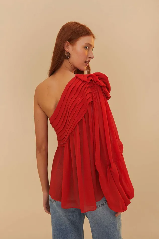 Red Rose Puff Sleeve OneShoulder Blouse Women FARM Rio Blouses Red Rose Puff Sleeve OneShoulder Blouse Women FARM Rio Blouses