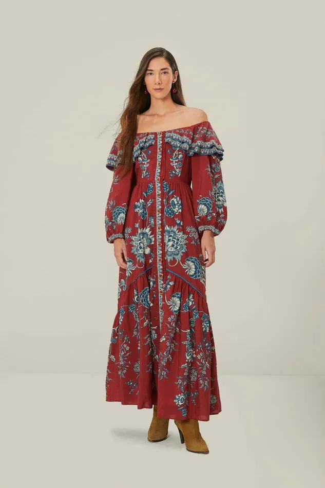 Red Tropical Landing Off Shoulder Maxi Dress Women FARM Rio Maxi Dresses