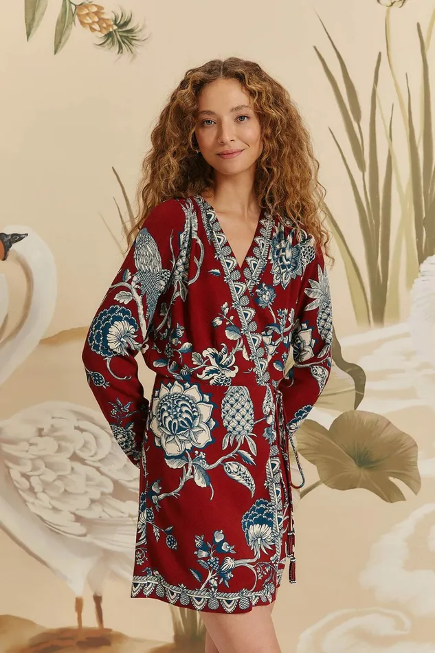 Red Tropical Landing Wrap Mini Dress Women FARM Rio Mini Dresses