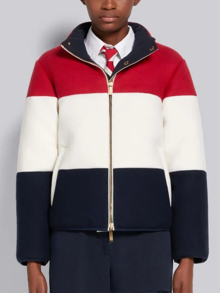 Reversible Boiled Wool and Navy Nylon Canvas Downfilled Funnel Neck Jacket Red Women Thom Browne Outerwear Reversible Boiled Wool and Navy Nylon Canvas Downfilled Funnel Neck Jacket Red Women Thom Browne Outerwear