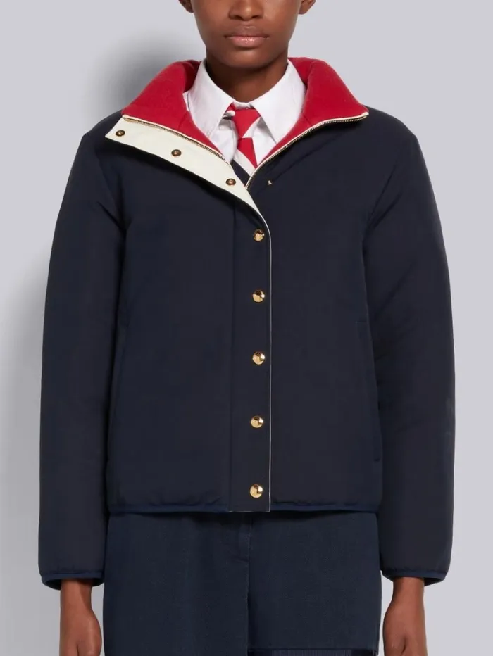 Reversible Boiled Wool and Navy Nylon Canvas Downfilled Funnel Neck Jacket Red Women Thom Browne Outerwear