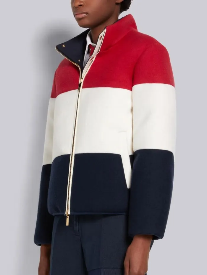 Reversible Boiled Wool and Navy Nylon Canvas Downfilled Funnel Neck Jacket Red Women Thom Browne Outerwear