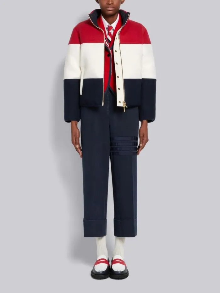 Reversible Boiled Wool and Navy Nylon Canvas Downfilled Funnel Neck Jacket Red Women Thom Browne Outerwear