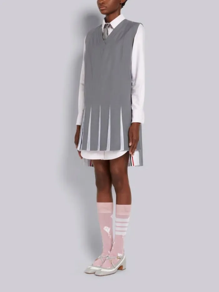 Ripstop School Uniform Striped Oxford Pleat Mini Sleeveless Tunic Medium Grey Women Thom Browne Dresses