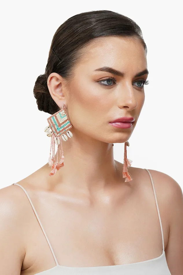 Rose Beaded Tassel Shell Earrings Rose Beaded Tassel Shell Earrings