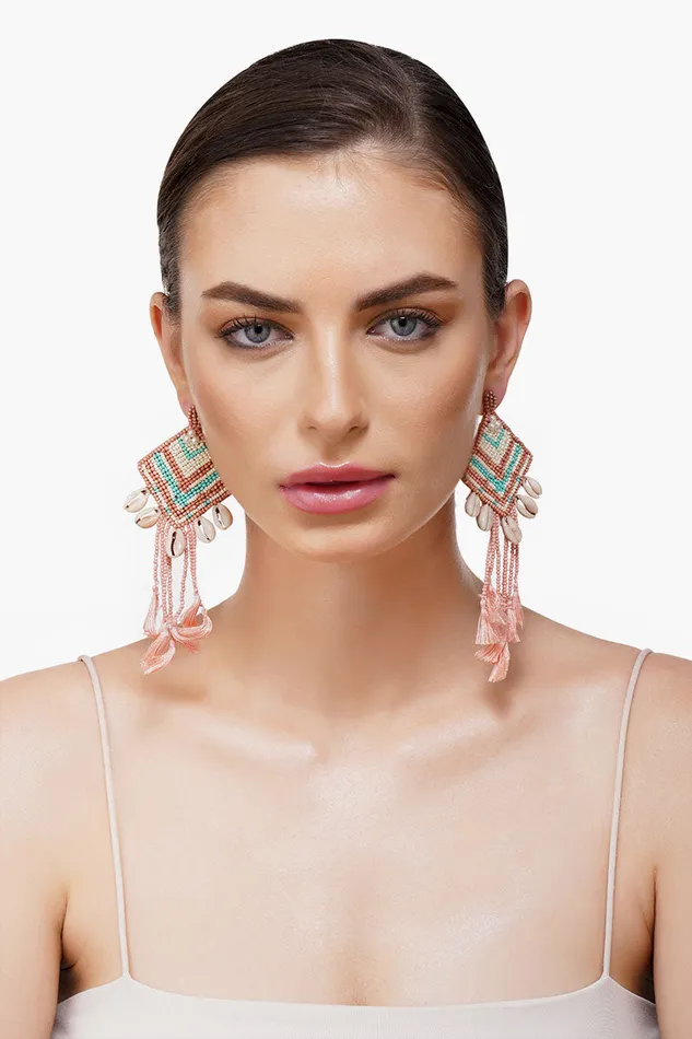 Rose Beaded Tassel Shell Earrings Rose Beaded Tassel Shell Earrings
