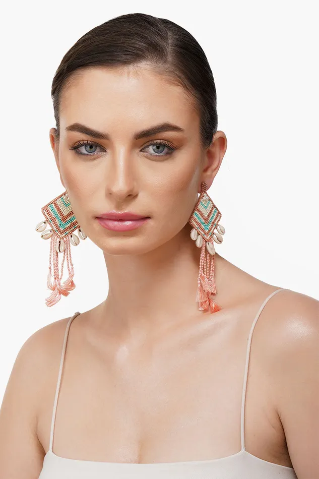 Rose Beaded Tassel Shell Earrings Rose Beaded Tassel Shell Earrings