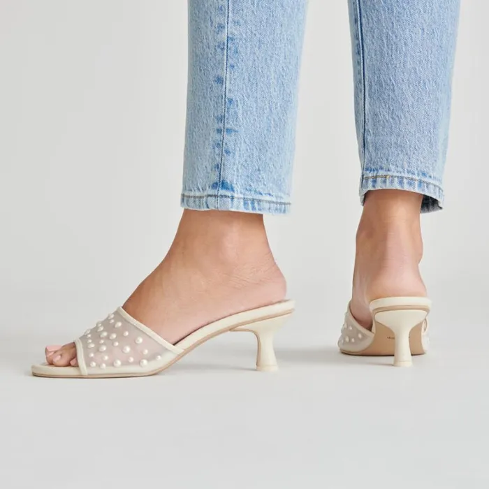 Sandals Women Dolce Vita Meeza Pearl Heels Ivory Mesh